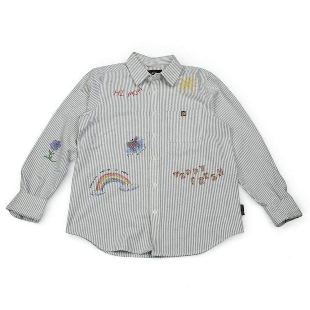 Teddy Fresh Embroidered Doodle Pinstripe Button Down Shirt XS Rainbow Bear